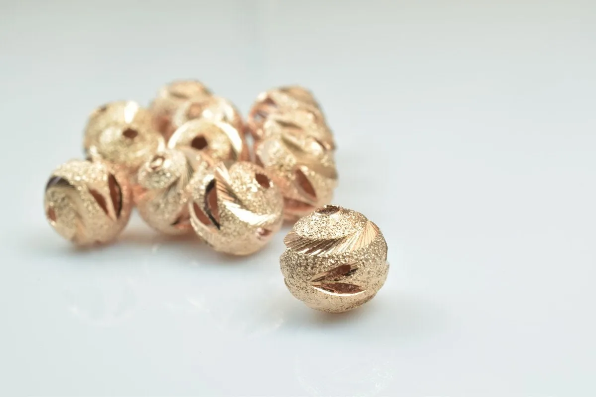 100 PCs Rose Gold Plated Carved Round Beads 6mm/8mm/10mm Diamond Cut For Jewelry Making