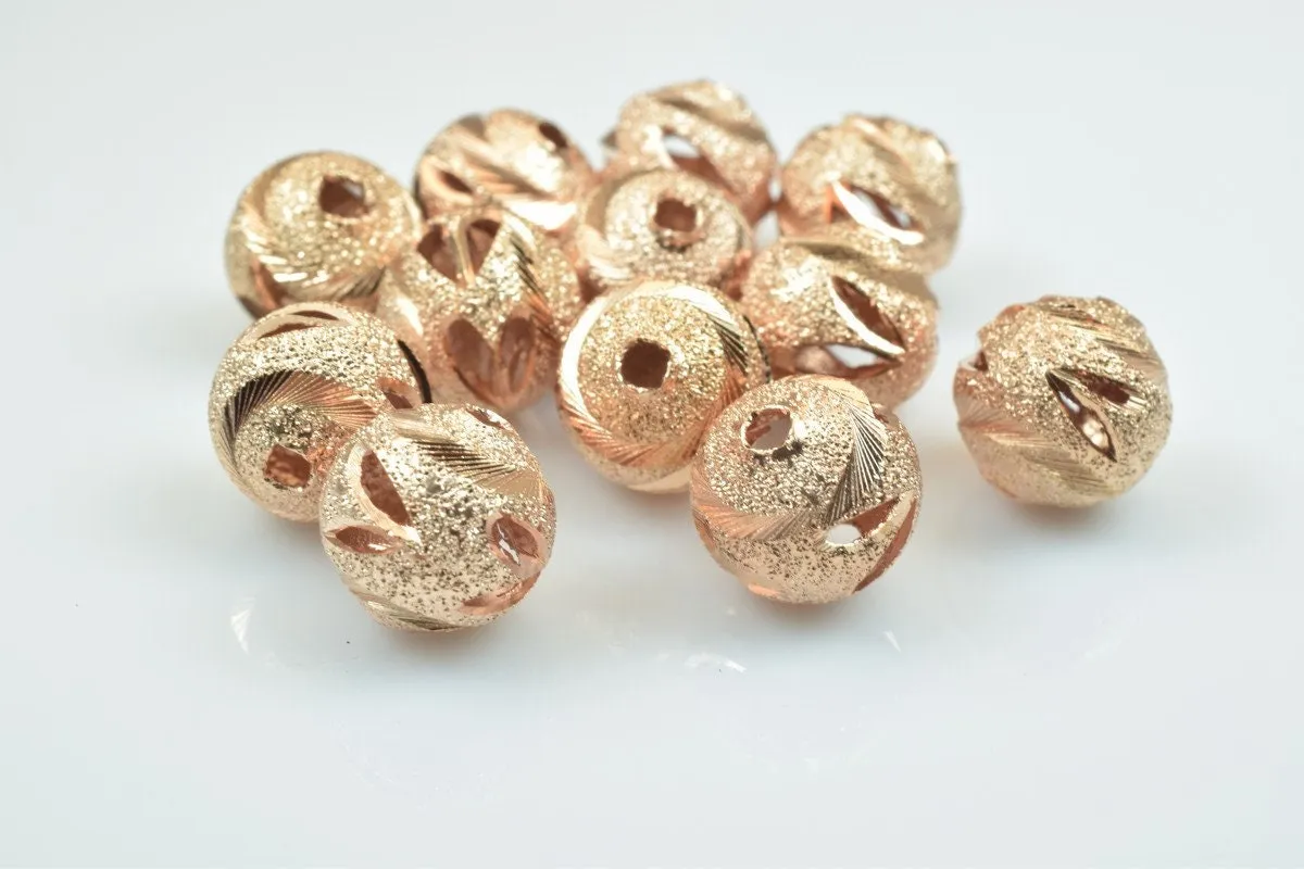 100 PCs Rose Gold Plated Carved Round Beads 6mm/8mm/10mm Diamond Cut For Jewelry Making