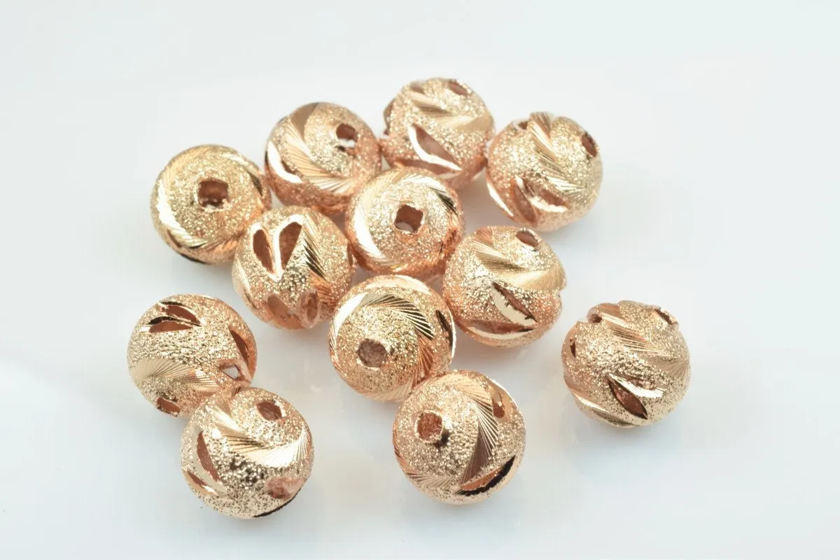 100 PCs Rose Gold Plated Carved Round Beads 6mm/8mm/10mm Diamond Cut For Jewelry Making