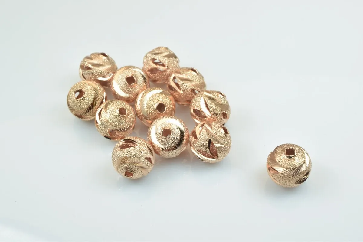 100 PCs Rose Gold Plated Carved Round Beads 6mm/8mm/10mm Diamond Cut For Jewelry Making