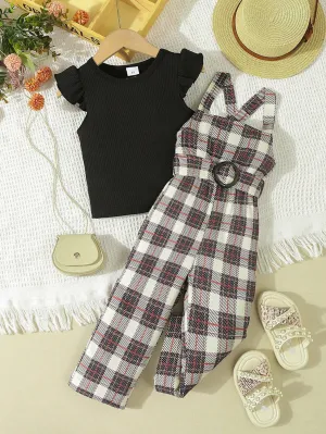 2pcs Young Girl Casual And Cute Grid/Print Woven Overalls With Elastic Knit Ripped Hem Top For Spring/Summer