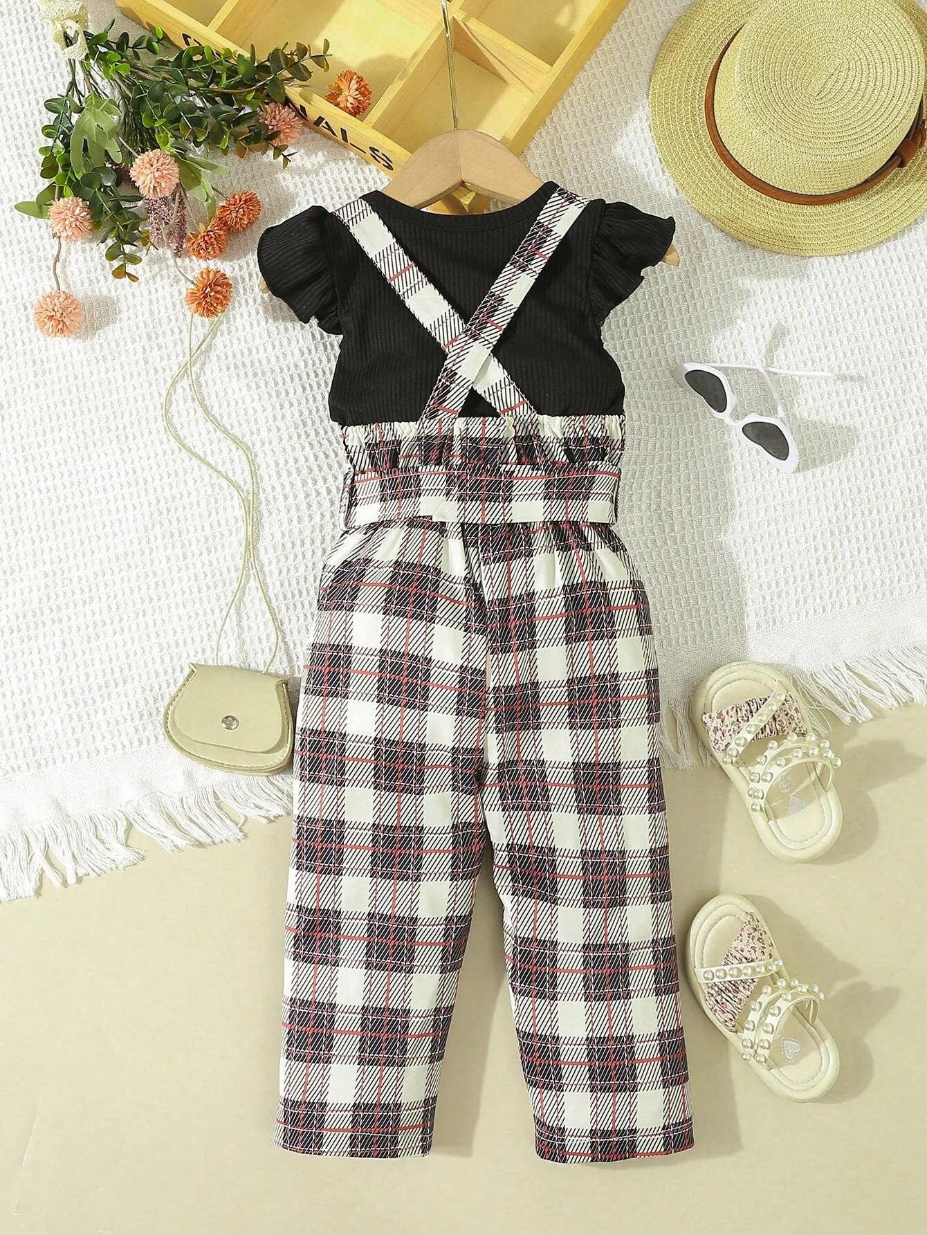 2pcs Young Girl Casual And Cute Grid/Print Woven Overalls With Elastic Knit Ripped Hem Top For Spring/Summer