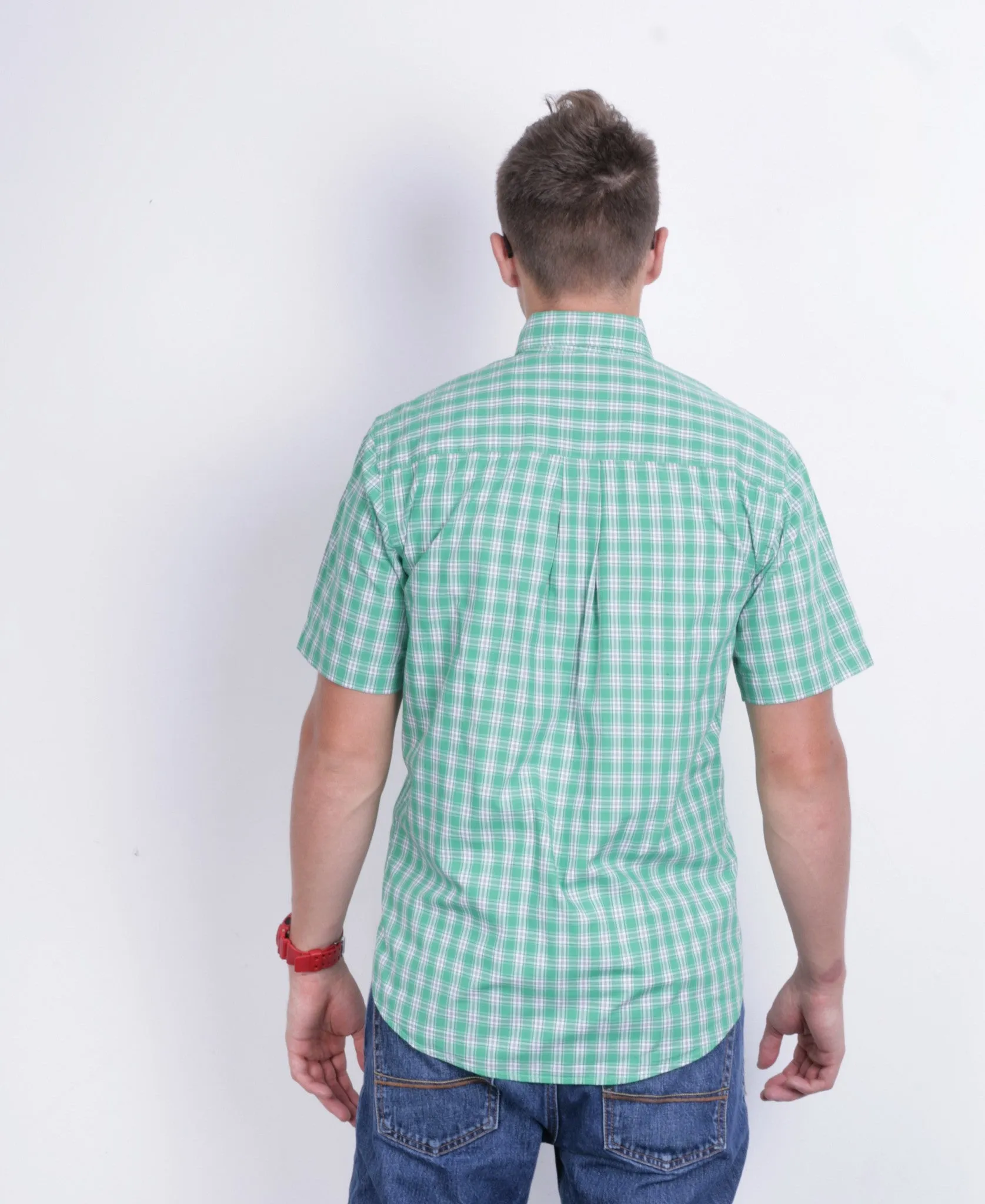 A.W. Dunmore Mens S Casual Shirt Green Check Cotton Short Sleeve