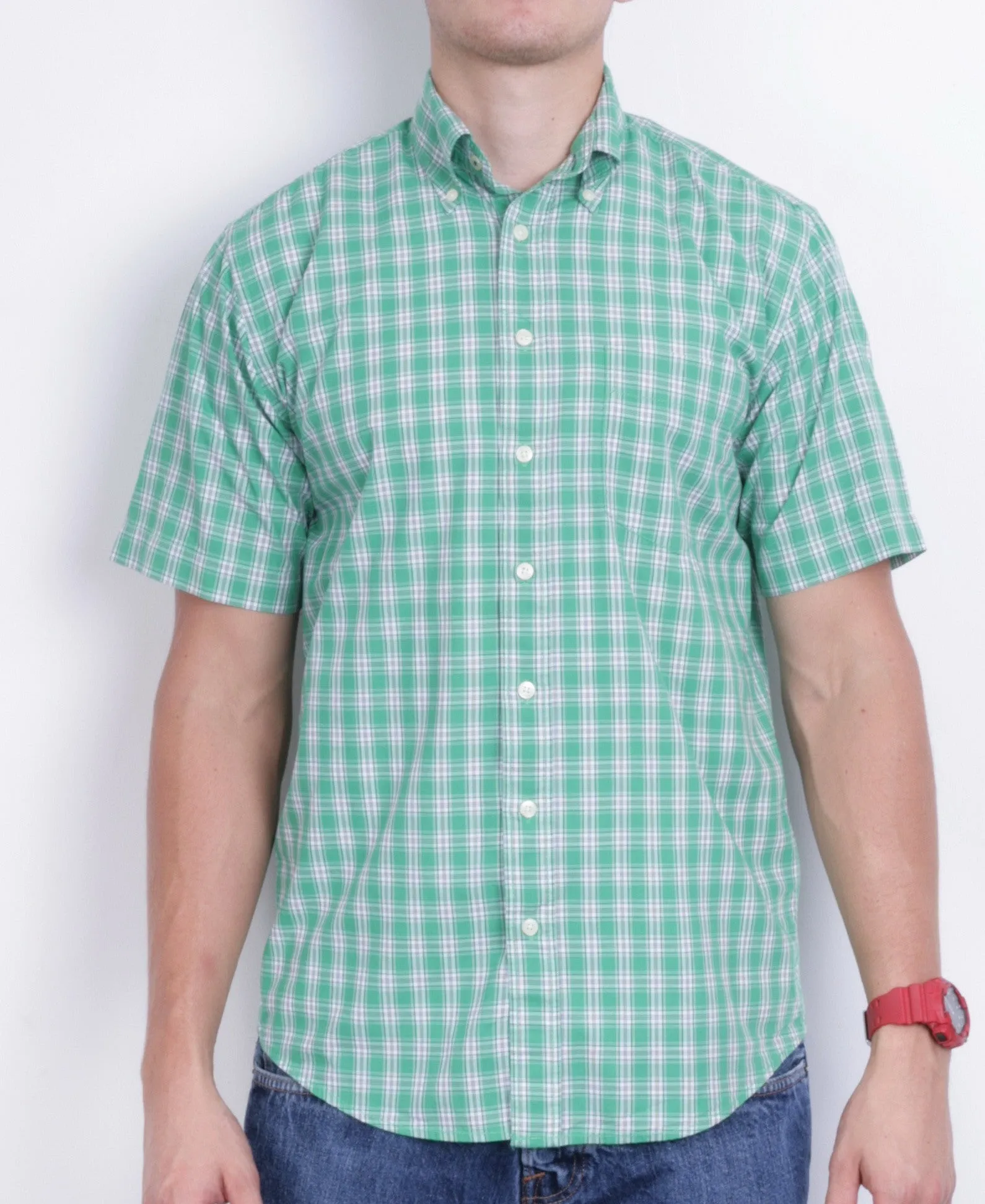 A.W. Dunmore Mens S Casual Shirt Green Check Cotton Short Sleeve