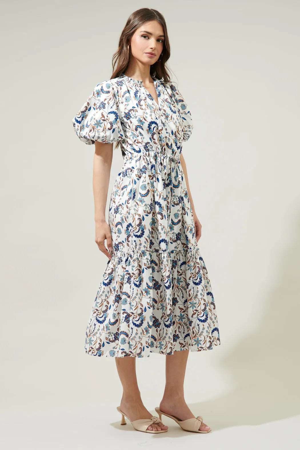 Blanche Floral Ginny Bubble Sleeve Midi Dress