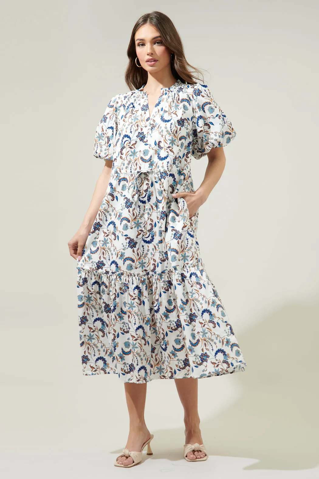 Blanche Floral Ginny Bubble Sleeve Midi Dress