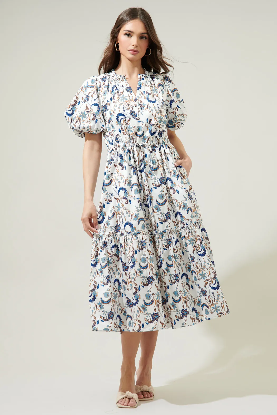 Blanche Floral Ginny Bubble Sleeve Midi Dress