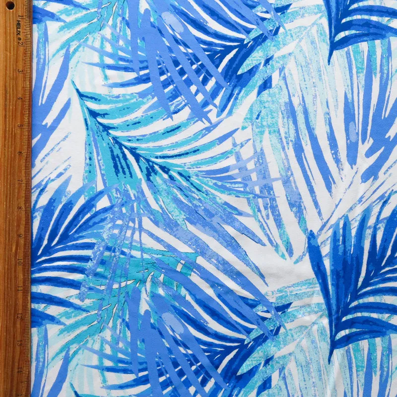 Blue Palms on White Nylon Spandex Swimsuit Fabric