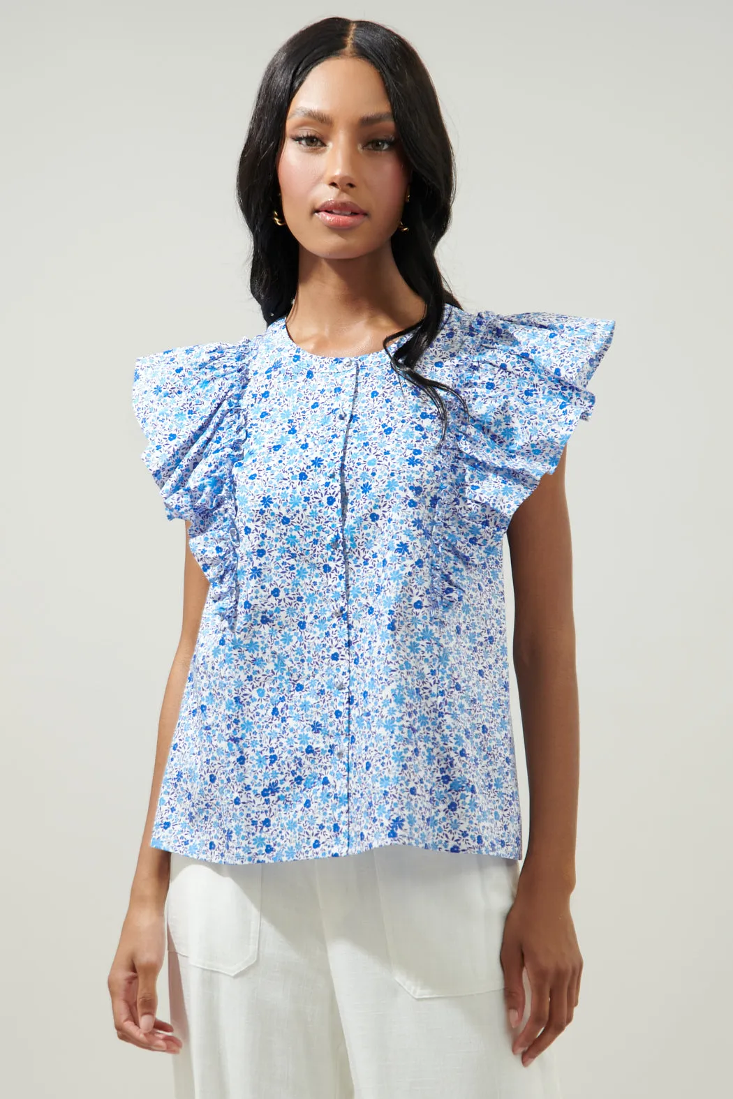 Carmine Floral Vance Button Front Blouse