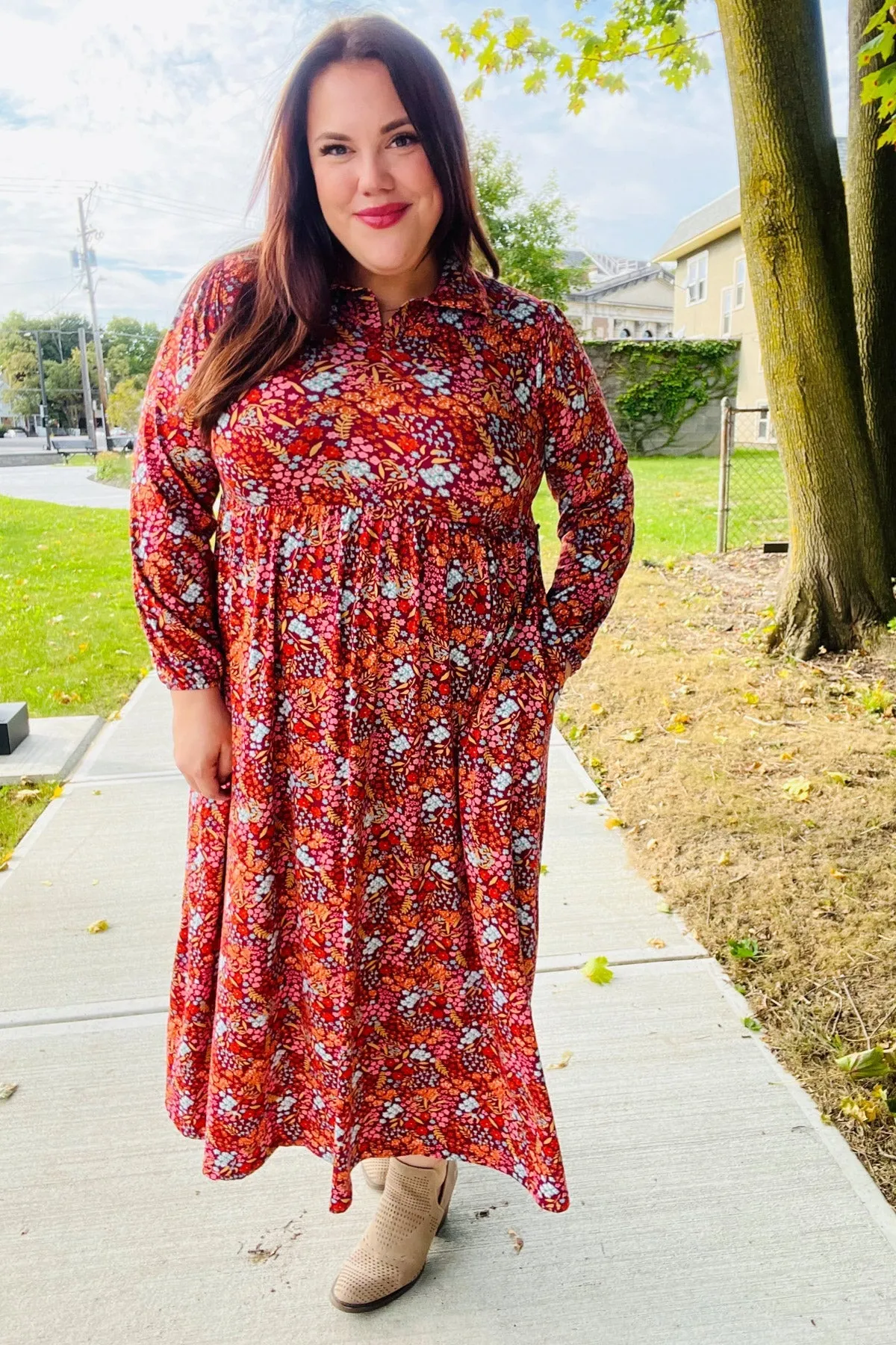 Casual Living Burgundy Floral Collared Fit & Flare Maxi Dress