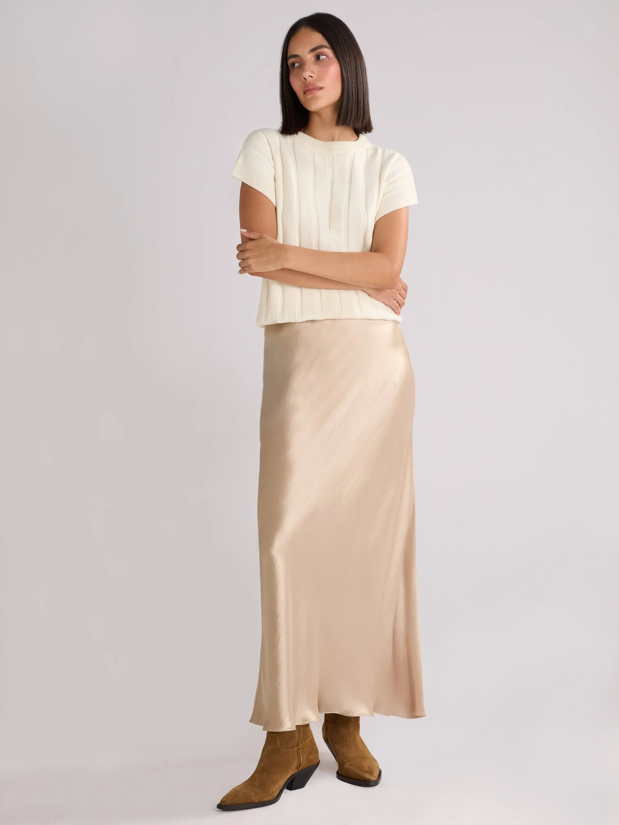 Metallic Satin Bias Cut Maxi Skirt