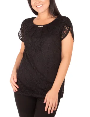 Petite Crew Neck Lace Tee With Short Tulip Sleeve