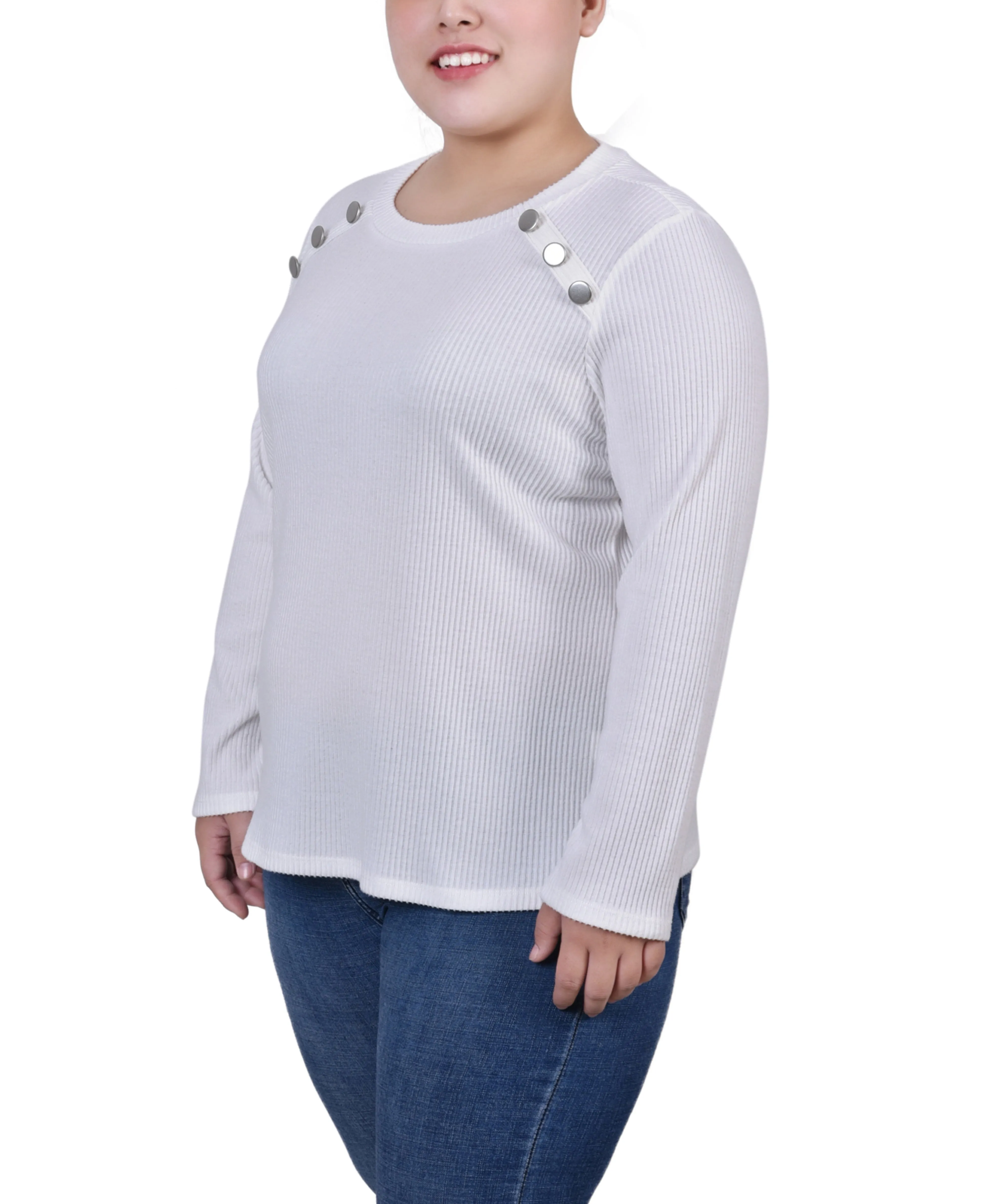 Plus Size Long Sleeve Ribbed Button Detail Top