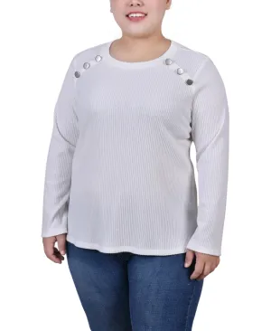 Plus Size Long Sleeve Ribbed Button Detail Top