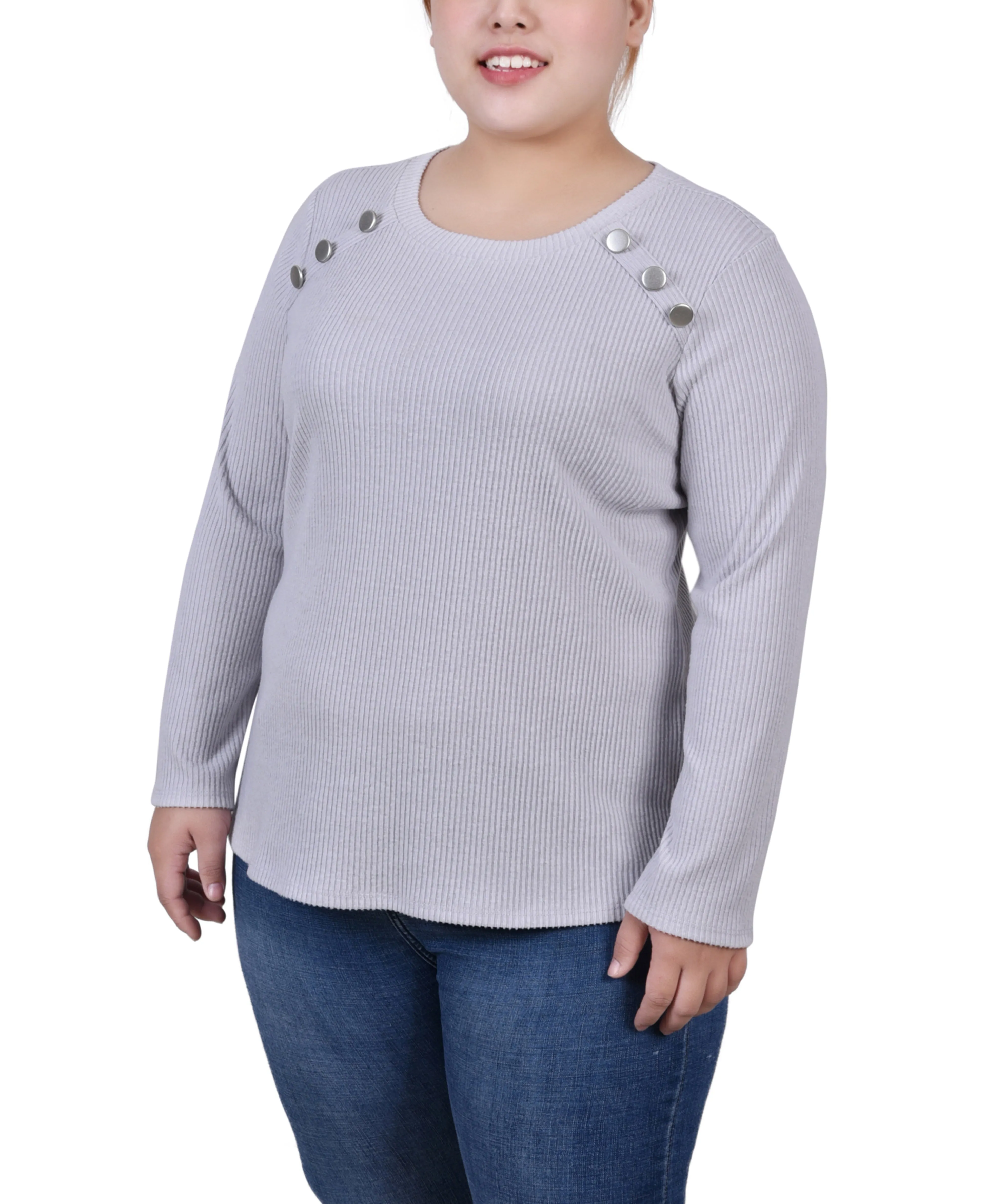 Plus Size Long Sleeve Ribbed Button Detail Top