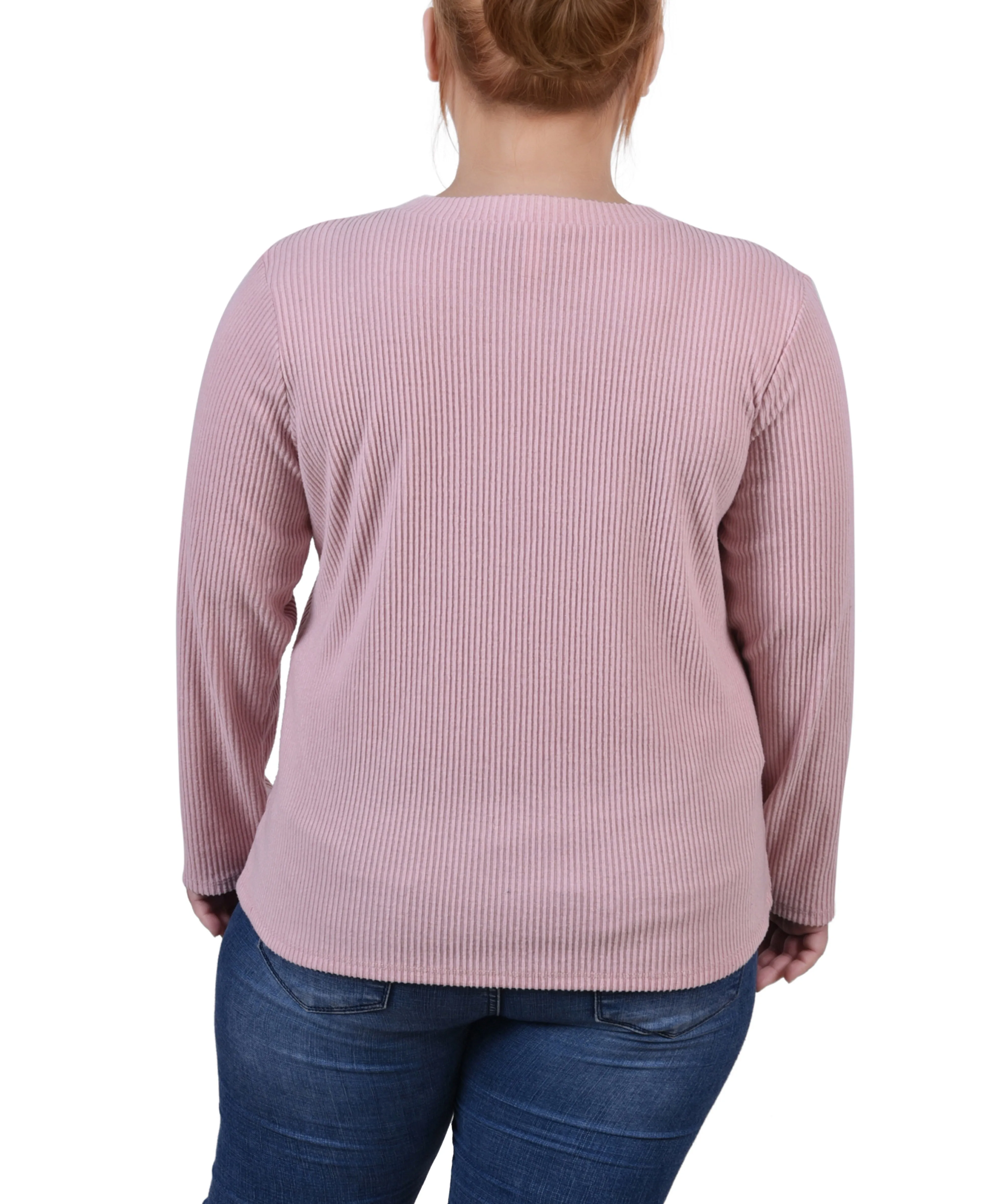 Plus Size Long Sleeve Ribbed Button Detail Top