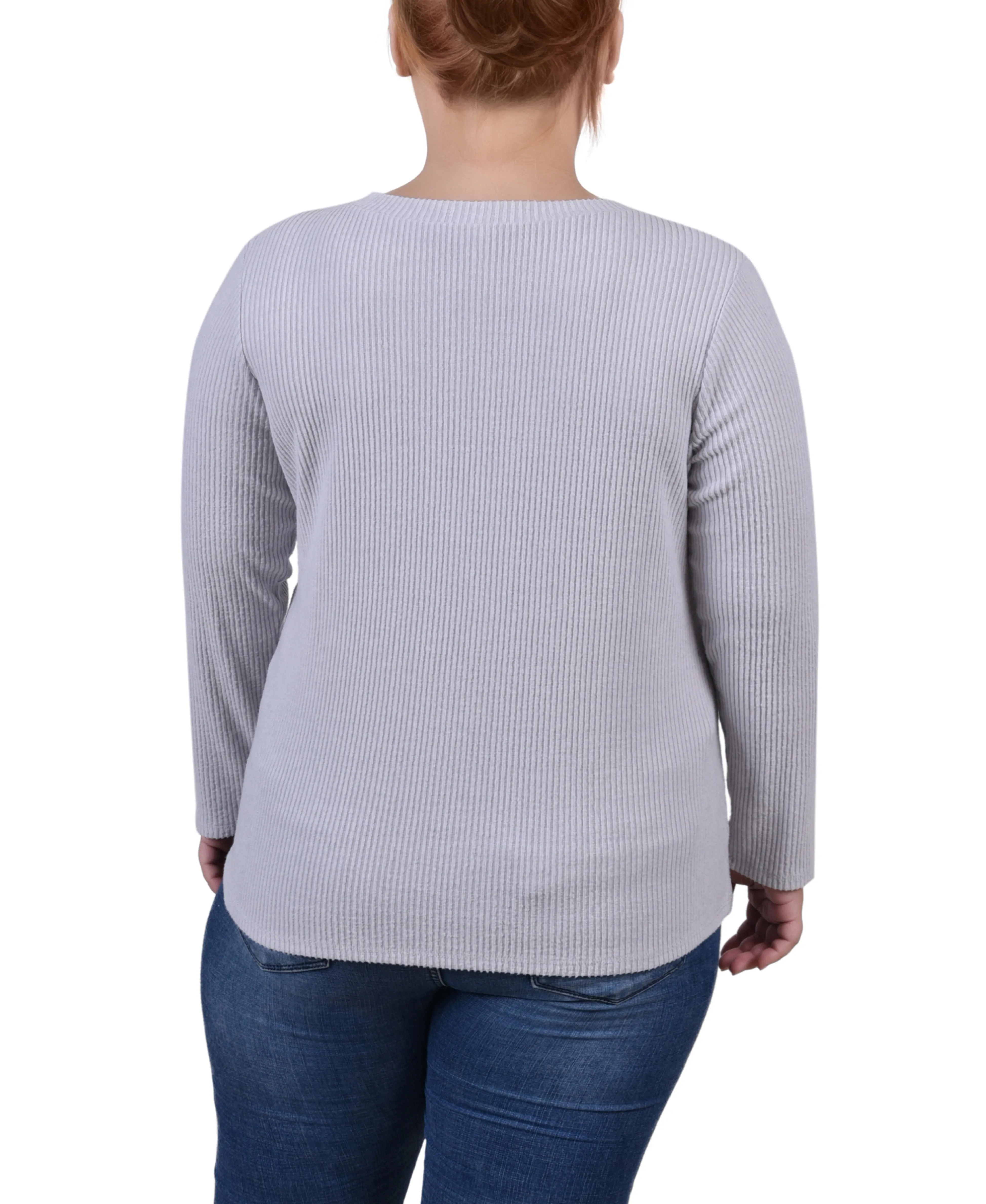 Plus Size Long Sleeve Ribbed Button Detail Top