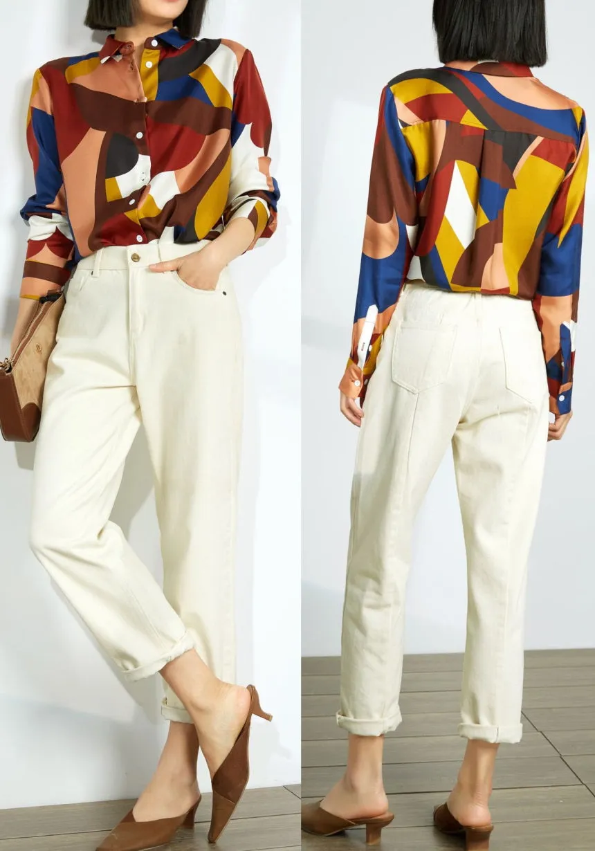 Women's long sleeves silk shirt in multi color print